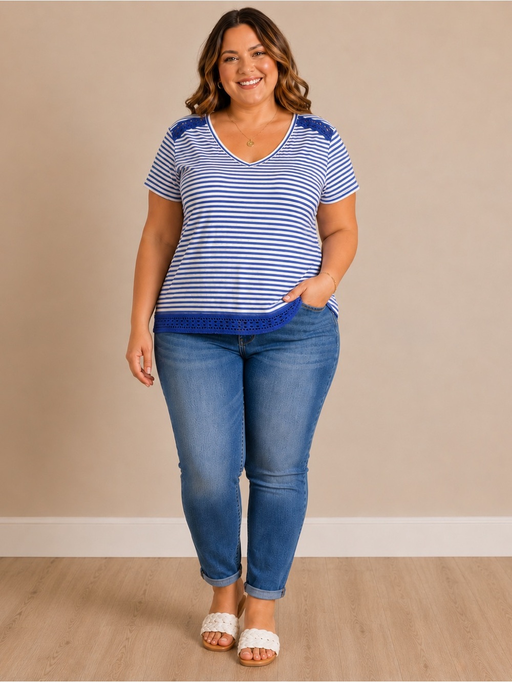 Talbots Navy and White Striped Short Sleeve Top